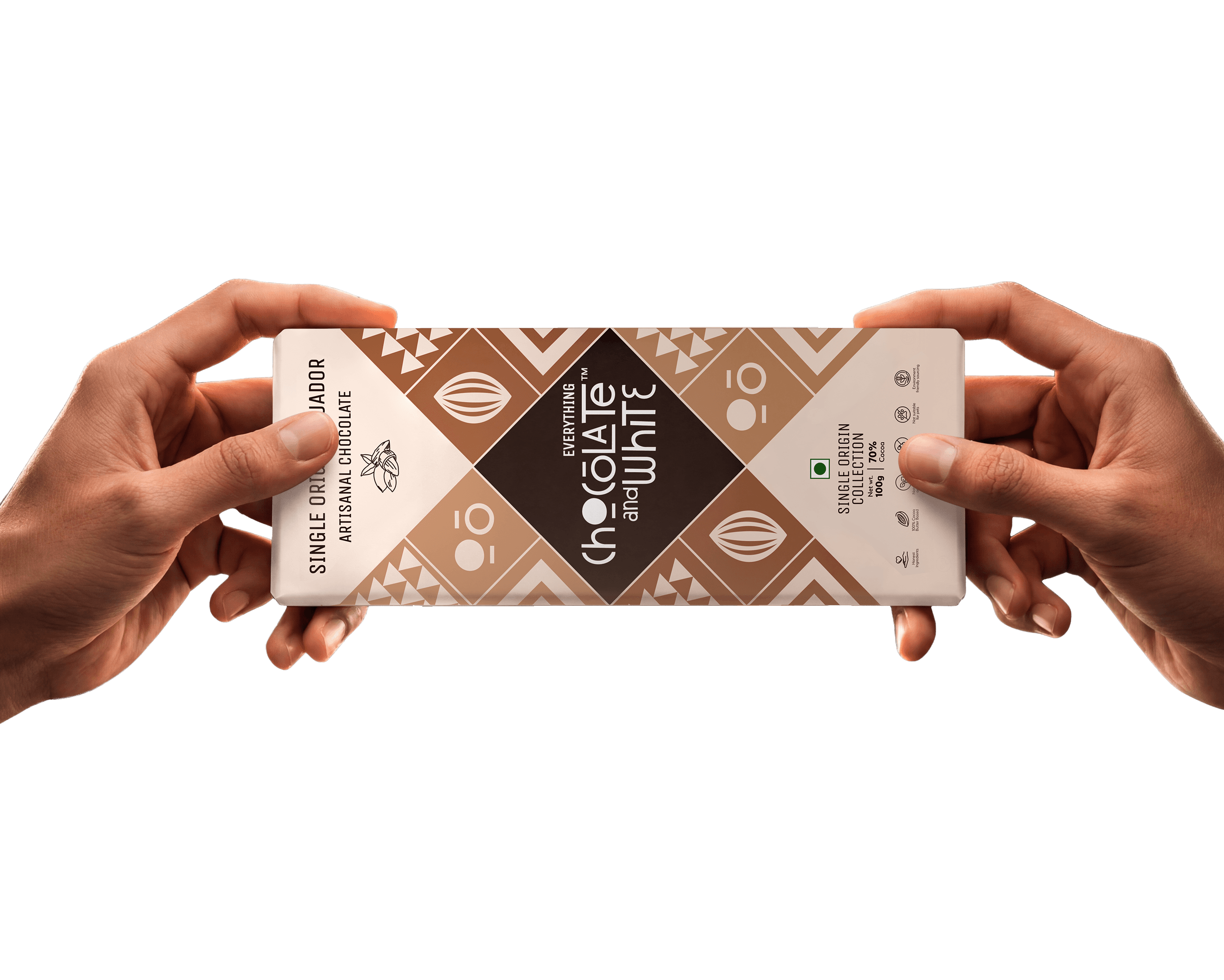 Two hands sharing a Chocolate and White chocolate bar