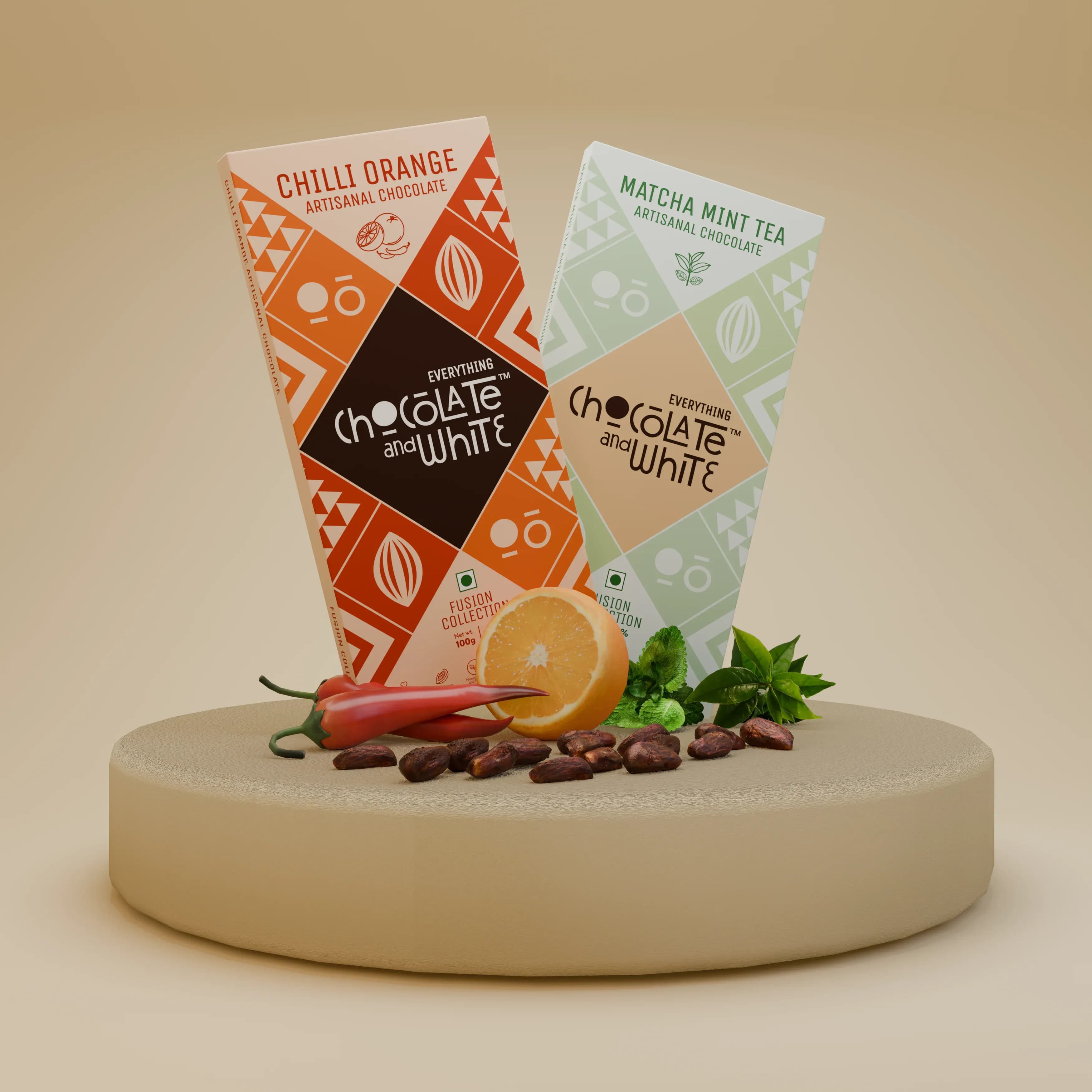 Chilli Orange Artisanal Chocolate - Dark Chocolate || Matcha Mint Tea Artisanal Chocolate - White Chocolate